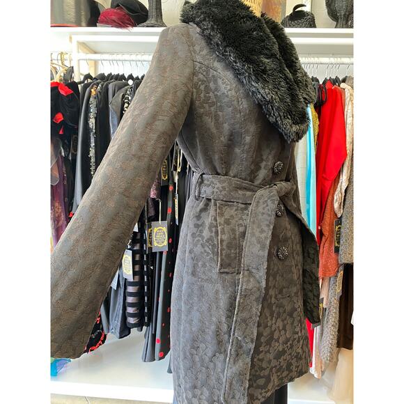 vintage y2k coat black brocade faux fur collar medium 1960s style gothic jacket - Picture 5 of 11